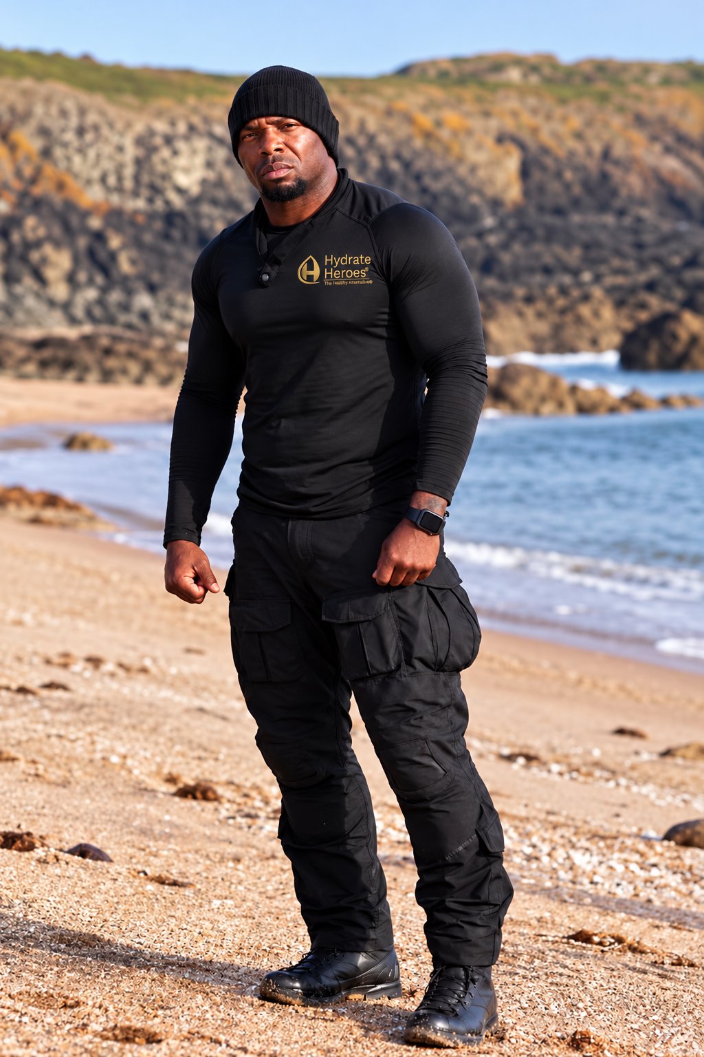 Jovon Quarles in Hydrate Heroes tactical wear on the coast